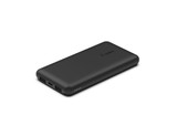 A black power bank with two USB ports and LED indicators, featuring a sleek design and branding.