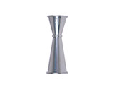 A stainless steel spirit measure with 30ml and 60ml markings, featuring a sleek, mirrored finish and a brand logo.
