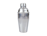 A stainless steel cocktail shaker with a sleek design and a screw-on lid. Features a simple logo.
