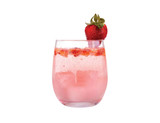 A glass of pink strawberry drink with ice and fresh strawberries on top, served in a clear tumbler.