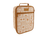 A patterned insulated lunch bag featuring warm tones of cream and tan, with a carry handle and front zipper pocket.