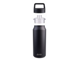 A drink bottle in matte black and transparent plastic, featuring a chug spout and a carrying handle. Includes a logo.