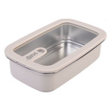 A rectangular stainless steel container in cream with a transparent lid and a handle. It features a logo.