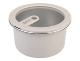 A round, microwave-safe stainless steel container in cream with a clear lid and a handle, featuring a logo.