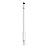 A white 3 in 1 pencil with a stylus tip, black detail, and a transparent cap. Features a branding logo.
