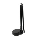 A black fixed signature pen with a coiled cord attached to a round base.