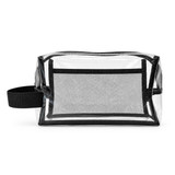A clear cosmetic bag with a black mesh panel and a black handle. It features a zip closure and a simple design.