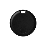 A round black tag with a central button and a top handle, featuring a smooth texture and a branding logo.