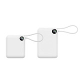 A white 10000mAh power bank with a charging cable, featuring a digital display and a loop for easy carrying.