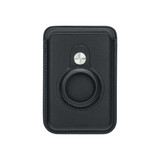 A black PU magnetic card and AirTag holder featuring a circular slot and a metal snap button.