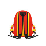A foldable gym bag in red with yellow stripes and football-shaped side pockets. It features adjustable black straps.