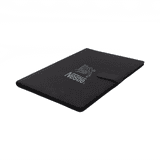 A black portfolio featuring a logo, designed to hold documents and presentations.