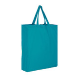 A turquoise cotton tote bag with two handles and no visible logos.