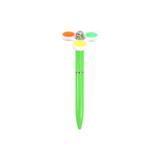 A green fidget pen with three brightly coloured buttons in orange, yellow, and green on top. It has a logo.