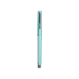 A teal pen with a silver clip and cap, featuring a sleek design and shiny finish.