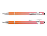 A stylus pen featuring a pink and orange body with chrome accents and a black stylus tip.