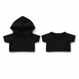 A set of two black plush toy outfits, including a hooded top and a short-sleeve top, both featuring a simple design.