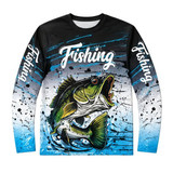 A long-sleeved fishing shirt featuring a vibrant graphic of a fish, predominantly black, blue, and white colours, with a logo.