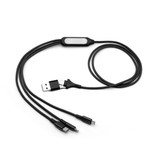 A black 6-in-1 charging cable with USB and multiple connectors for various devices. It includes a logo on the body.