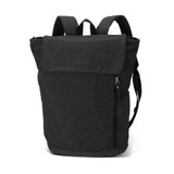 A black canvas backpack with shoulder straps and a top flap, featuring a side zip pocket and a logo.