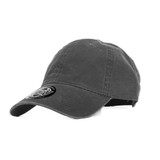 A grey cap with a curved brim, featuring a logo on the front.