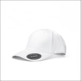 A white cap with a curved brim and a branding tag on the side.