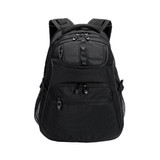 A black backpack with multiple zippered compartments and mesh side pockets, featuring adjustable shoulder straps.