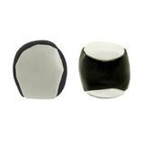 A black and white hacky sack with a smooth surface and rounded shape, featuring a logo on one side.