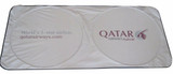 A foldable car sun visor in silver with two round sections and a logo on the side.