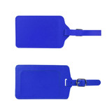 A blue PU leather luggage tag featuring a buckle strap and a logo. It has a smooth finish and a simple design.