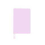 A pastel pink A5 notebook with a ribbon bookmark and a logo on the cover.
