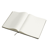 An open A4 hard cover notebook with lined pages and a ribbon bookmark, featuring a black cover.