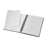 A grey spiral bound notebook with blank lined pages, open to show the inside. It includes loose paper.