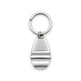 A silver keytag in the shape of a boat, attached to a circular metal keyring.