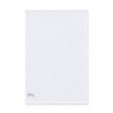 A white cotton tea towel featuring a stitched edge and a small logo in the corner.