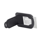 A black luggage tag with a foldable design, featuring a clear slot for personal information. Includes a logo.