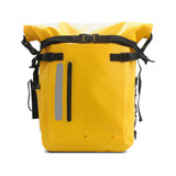A bright yellow waterproof roll top backpack with adjustable straps and reflective accents. It features multiple pockets.