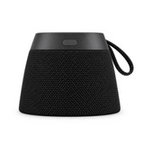 A black, cone-shaped speaker with a textured exterior and a looped handle for carrying. It features a power button on top.