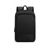 A black expandable laptop backpack with a smooth design and zippers, featuring two adjustable straps and a logo.