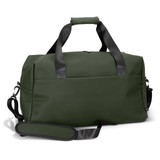 A green soft-touch duffle bag with dual handles and a detachable shoulder strap, featuring a logo.