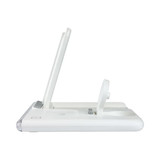 A white Haines 15W 3n1 magnetic wireless charger and USB adaptor with a sleek design and an angled charging stand.
