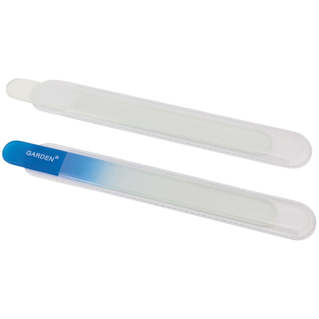 Two glass nail files, one with a blue handle and a gradient design, both in clear protective cases. Two glass nail files, one with a blue handle and a gradient design, both in clear protective cases.