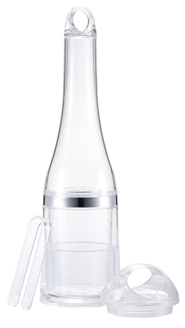 A drink bottle cooler in clear plastic with a detachable base and cap, featuring a handle and two ice packs. A drink bottle cooler in clear plastic with a detachable base and cap, featuring a handle and two ice packs.