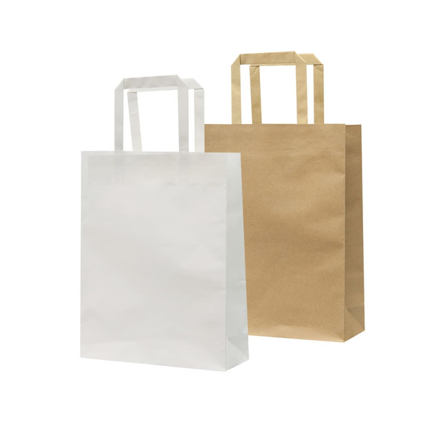 A medium-sized paper bag in white and a brown kraft paper bag, both with handles. Each has a simple design. A medium-sized paper bag in white and a brown kraft paper bag, both with handles. Each has a simple design.