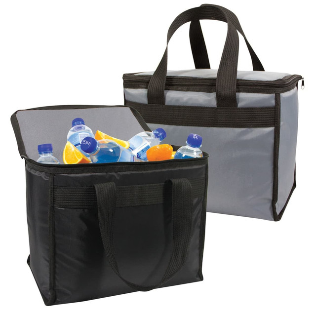 A large deluxe cooler bag in black and grey, filled with water bottles and citrus fruits, featuring sturdy handles. A large deluxe cooler bag in black and grey, filled with water bottles and citrus fruits, featuring sturdy handles.