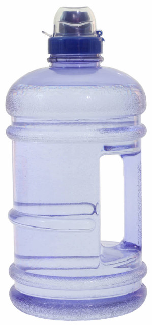 A drink bottle in transparent blue with a handle, featuring a screw-on lid and a spout. A drink bottle in transparent blue with a handle, featuring a screw-on lid and a spout.