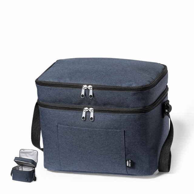 A cooler bag in dark blue with dual zip compartments and a front pocket. It includes a smaller bag. A cooler bag in dark blue with dual zip compartments and a front pocket. It includes a smaller bag.