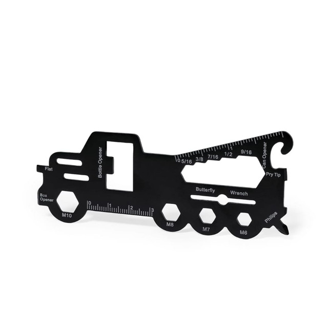 A black multi-tool shaped like a train, featuring various measurement markings and functions including a bottle opener.