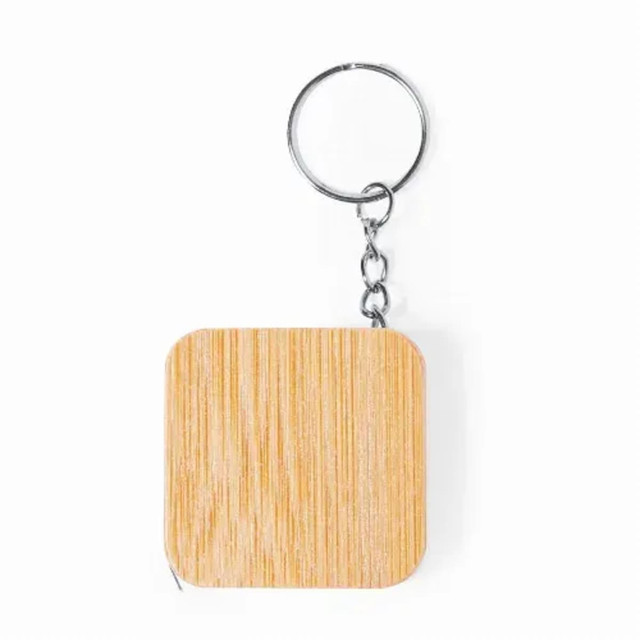 A wooden keyring with a squared design, featuring a metal chain and keyring attachment. A wooden keyring with a squared design, featuring a metal chain and keyring attachment.