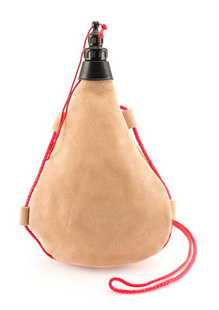 A tan drink bottle with a black cap and red straps, designed as a soft bag. It features a logo. A tan drink bottle with a black cap and red straps, designed as a soft bag. It features a logo.